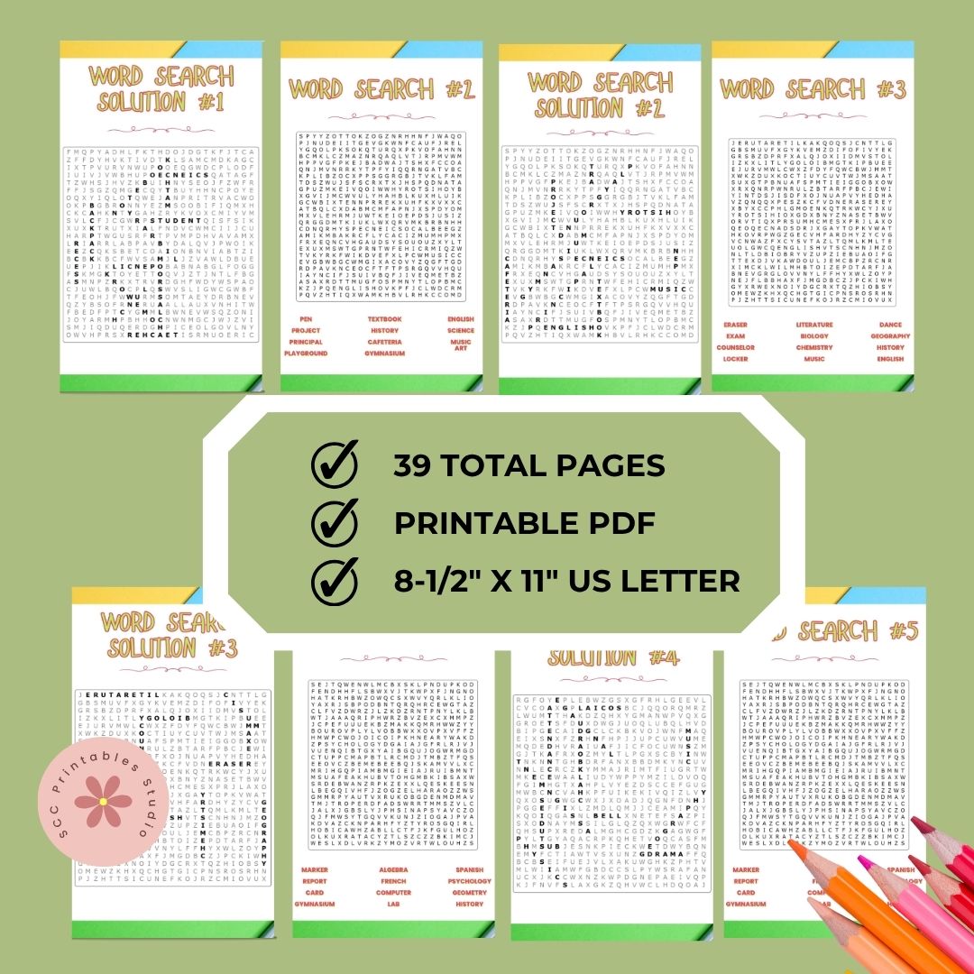 Set of word search puzzles with solutions on a green background, featuring text about the number of pages and format.