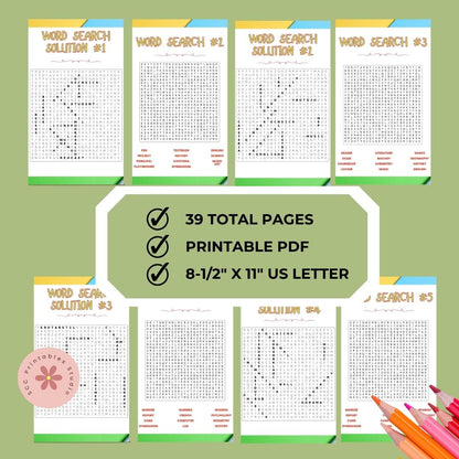 Set of word search puzzles with solutions on a green background, featuring text about the number of pages and format.