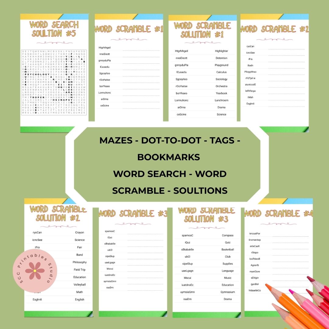 Educational worksheets with word searches, scrambles, mazes, and dot-to-dot on a green background.