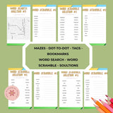 Educational worksheets with word searches, scrambles, mazes, and dot-to-dot on a green background.