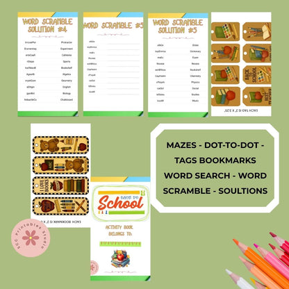 Educational activity book with word scramble, maze, dot-to-dot, and other activities on a green background.