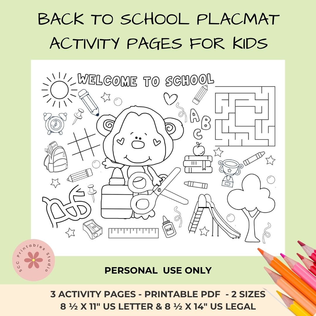 Back to School Printable Placemats – First Day of School Activity Sheets with Coloring, Maze, and Tic-Tac-Toe