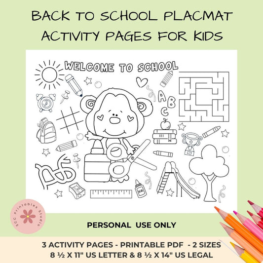 Back to School Printable Placemats – First Day of School Activity Sheets with Coloring, Maze, and Tic-Tac-Toe