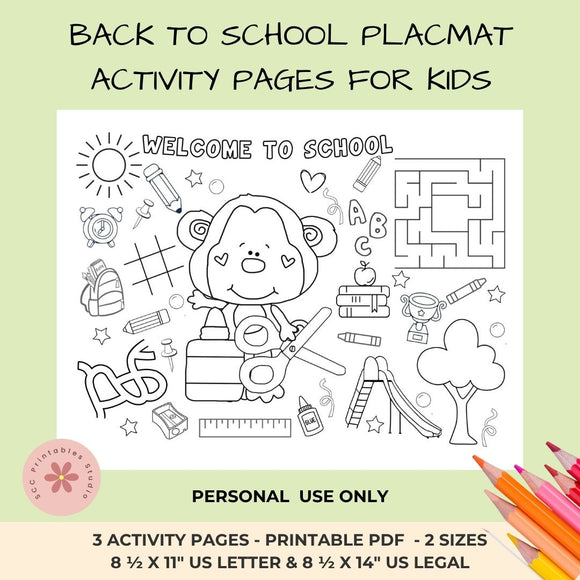 Back to School Printable Placemats – First Day of School Activity Sheets with Coloring, Maze, and Tic-Tac-Toe
