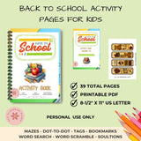 Back to school activity book for kids with pencils on a light green background