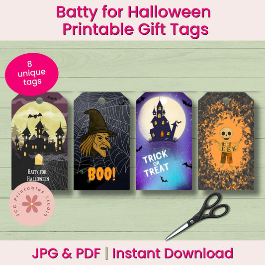 Halloween Tags, Printable Ghost Tag for Kids, Witch Party Favor, Gnome Halloween Treat Gift Tags, Printable Favor Labels, Junk Journal Ephemera