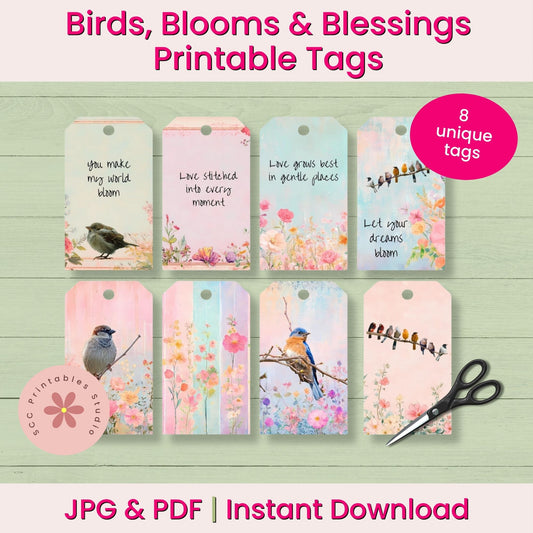 Birds, Blooms & Blessings Printable Tags with 8 unique designs on a wooden surface.