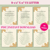 Planner pages with leaf designs on a light green background, featuring text prompts and a PDF instant download label.