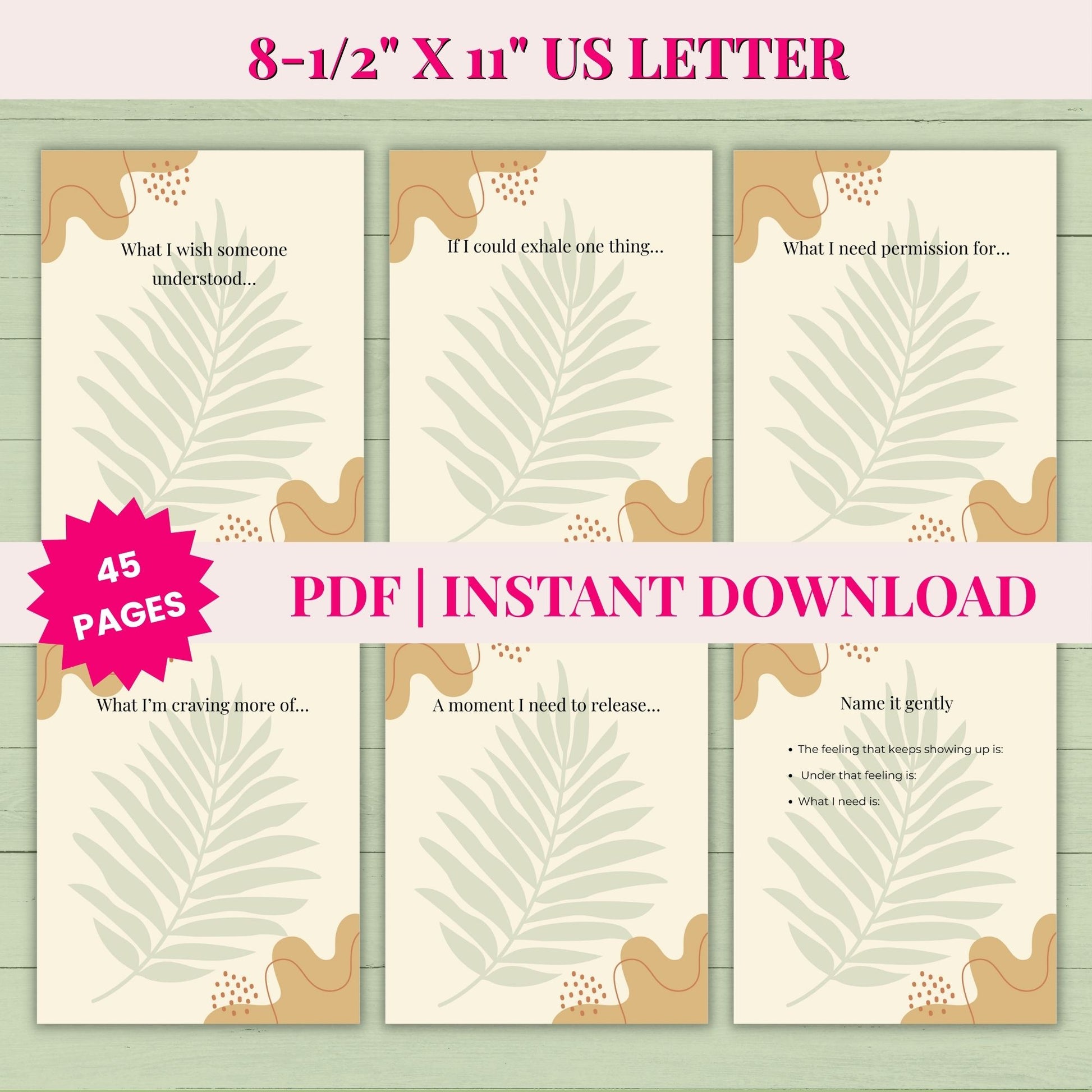 Set of three printed pages with leaf designs and text prompts on a light green background.