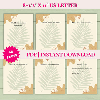 Set of three printed pages with leaf designs and text prompts on a light green background.