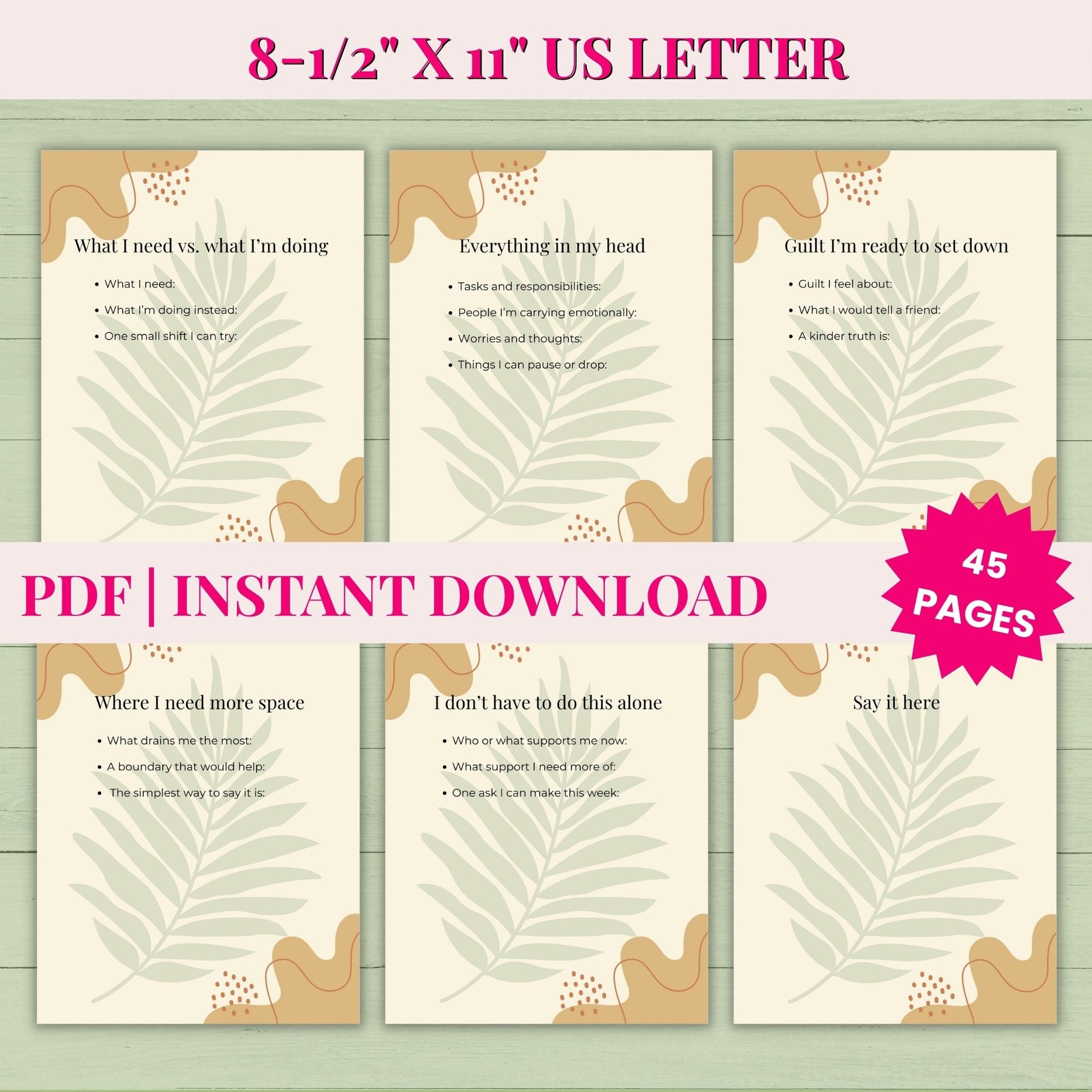 Set of 45 pages from a PDF download on a US Letter size paper with leaf design.