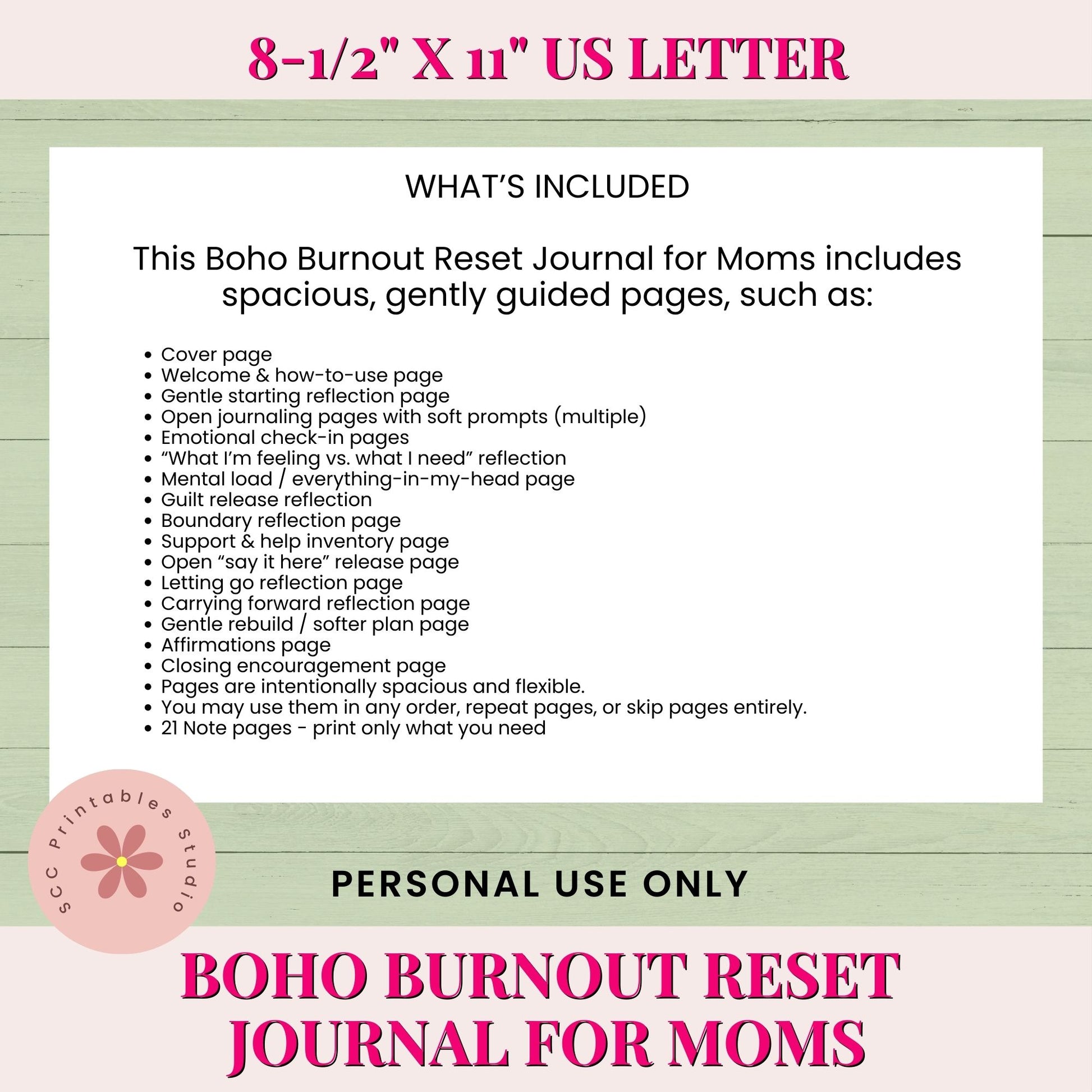 Boho Burnout Reset Journal for Moms description on a green and pink background