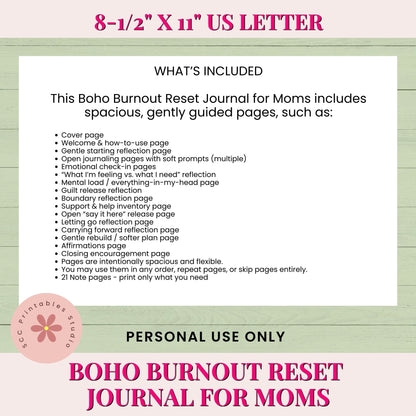 Boho Burnout Reset Journal for Moms description on a green and pink background
