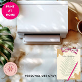 White printer on a marble surface with a card and glasses, featuring 'Print at Home' and 'Personal Use Only' text.