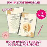 Boho Burnout Reset Journal for Moms on a light green background with text about instant download and page count.