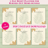 7-Day Reset Planner for Burned-Out Moms Bundle with leaf design on a green background