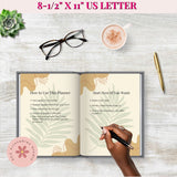 Open planner with instructions on a wooden surface with a cup of coffee, glasses, and pen.