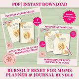 Promotional image of a 'Burnout Reset for Moms' planner and journal bundle with text about instant download and 17 pages.