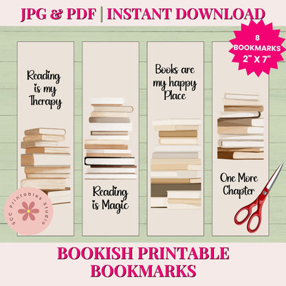 Bookish printable bookmarks with text and stack designs on a green background, featuring scissors.