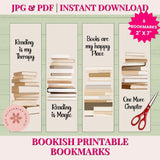 Bookish printable bookmarks with text and stack designs on a green background, featuring scissors.