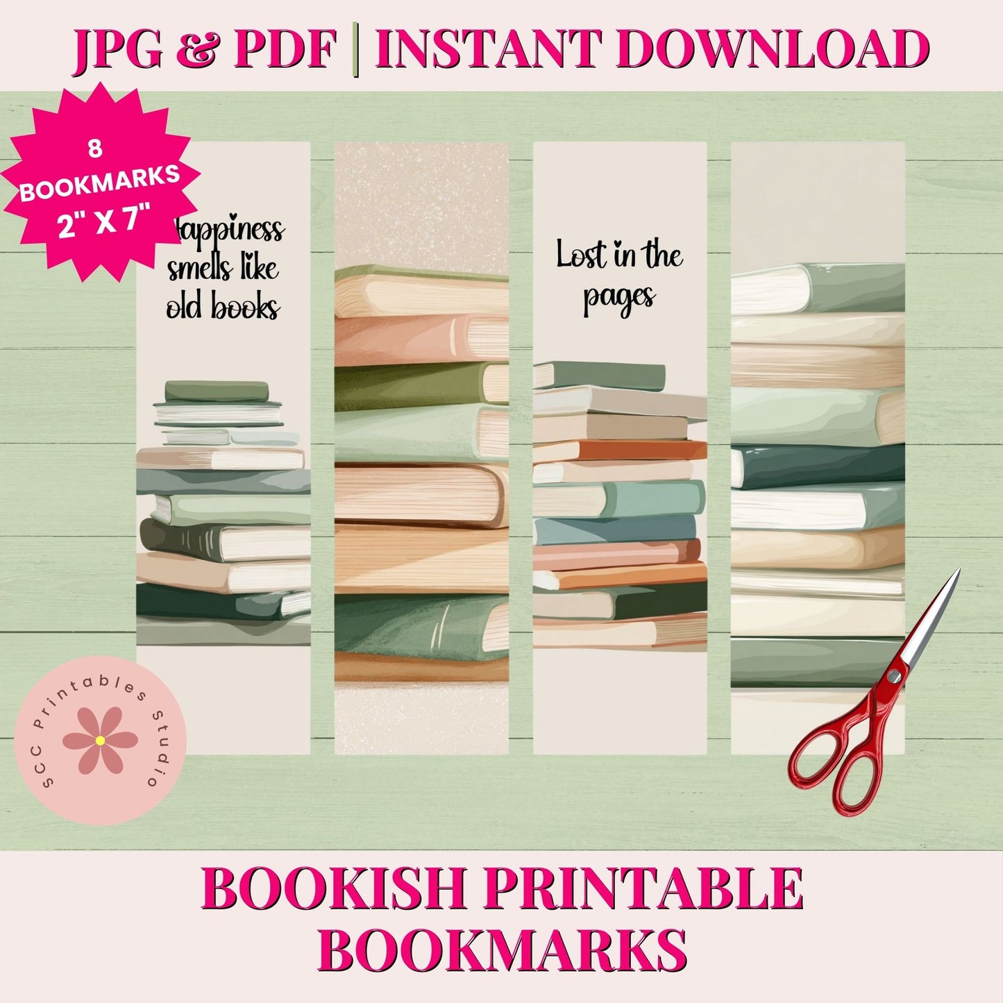Bookish printable bookmarks with text and stacks of books on a green background, featuring scissors.