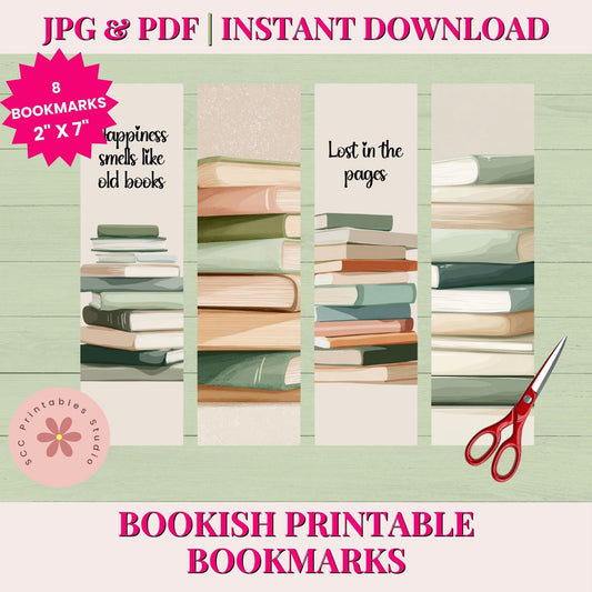 Bookish printable bookmarks with text and stacks of books on a green background, featuring scissors.