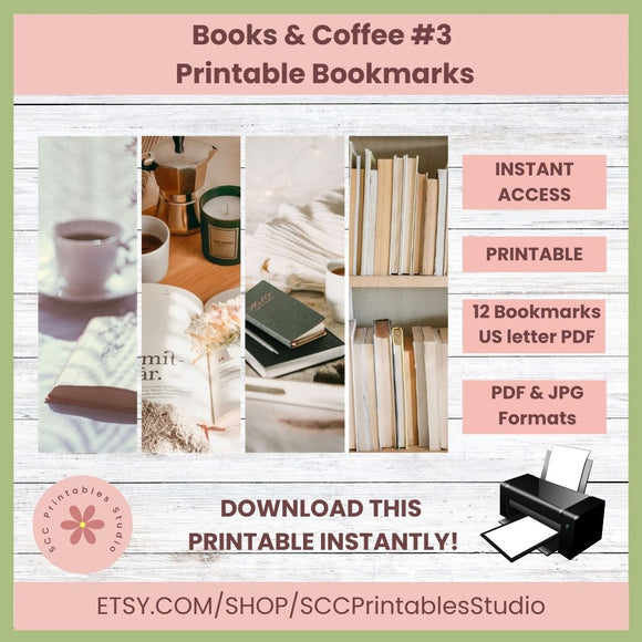 Promotional graphic for printable bookmarks with images of books and coffee, and text about instant access and formats.