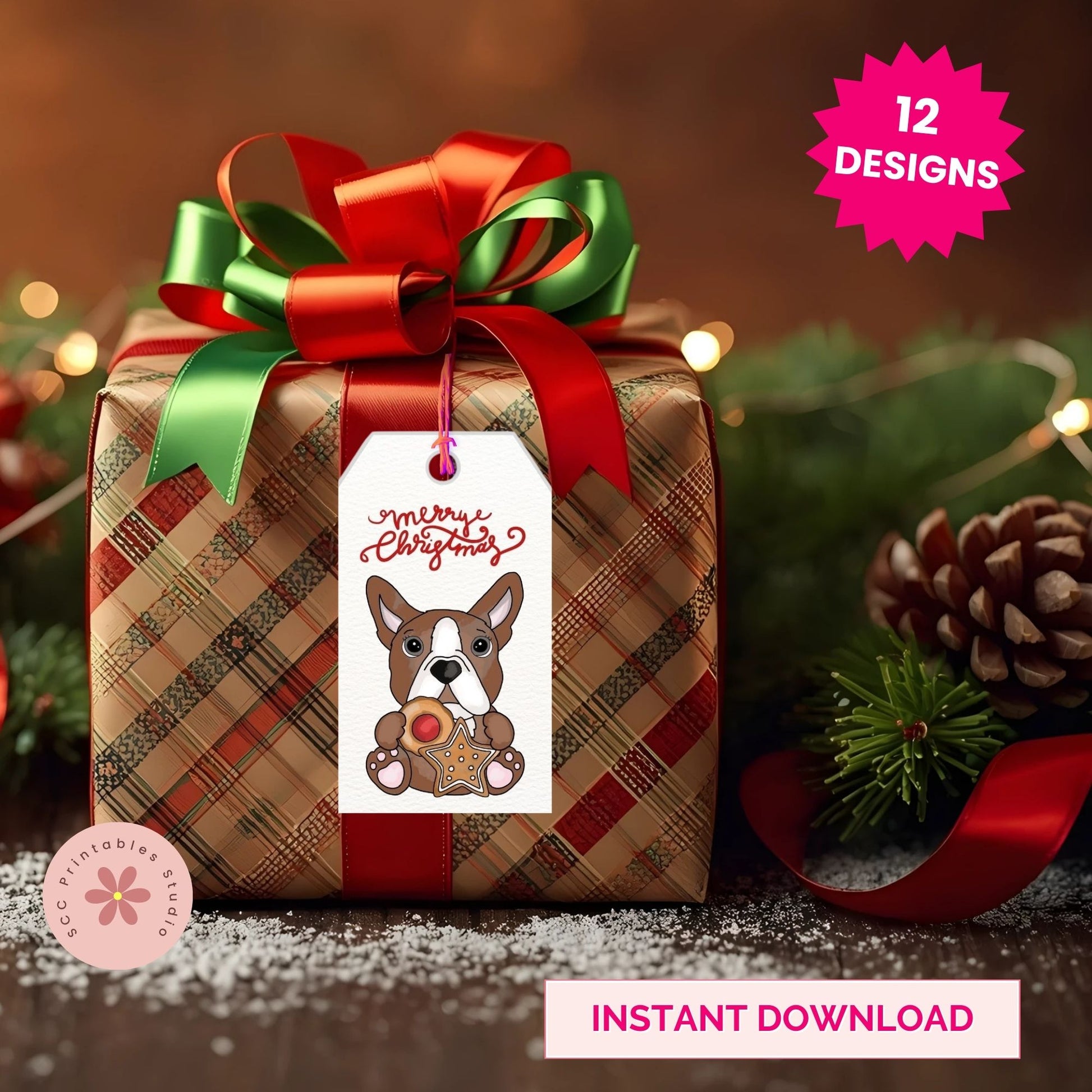 Gift box with plaid wrapping paper, red and green ribbon, and a Christmas-themed tag featuring a dog illustration.
