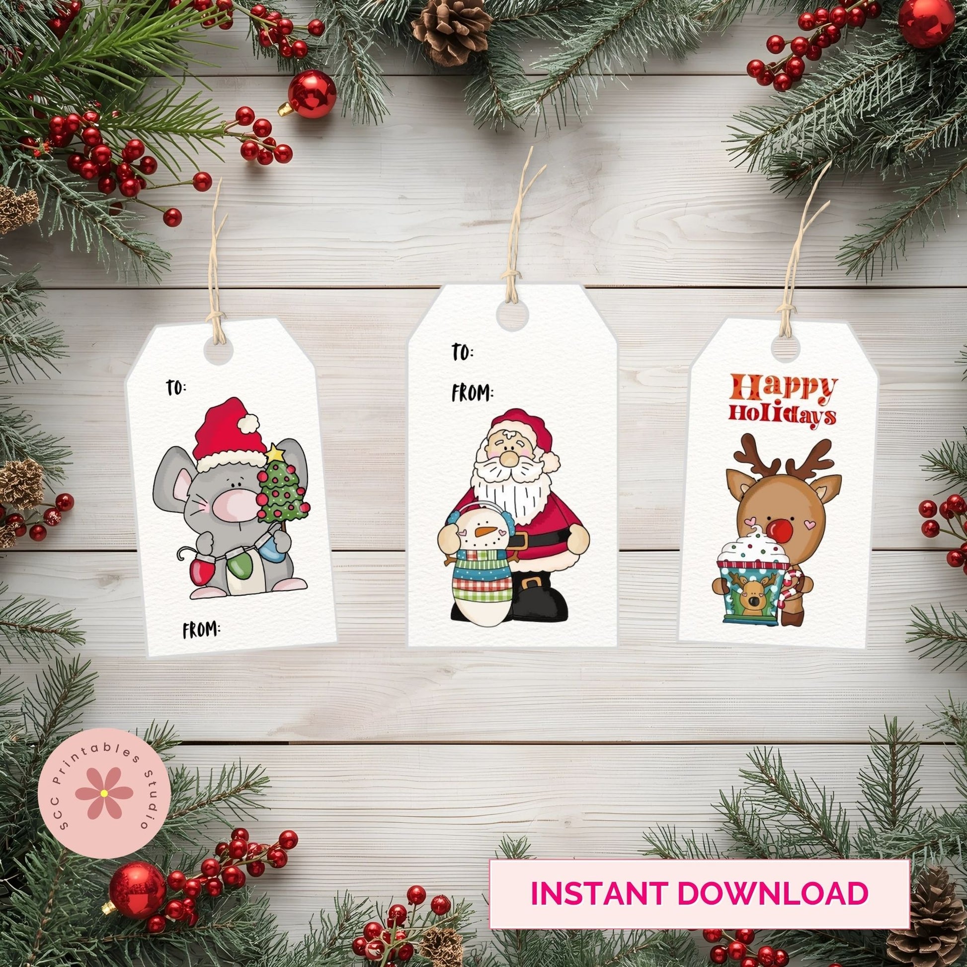 Three Christmas-themed gift tags with cartoon characters on a wooden surface with festive decorations.