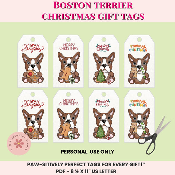 Printable Christmas Gift Tags Set, Cute Holiday Gift Labels with Boston Terrier, Santa, Reindeer, Snowman, Mouse & Gingerbread Characters