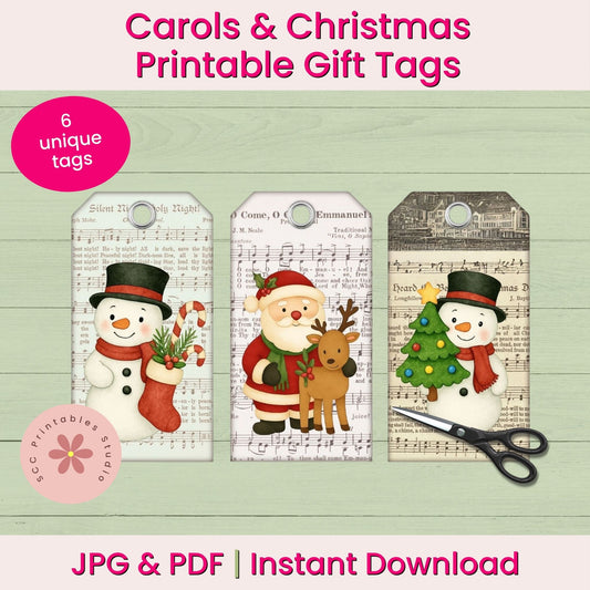 Promotional graphic for printable Christmas gift tags showing three sample tags with holiday illustrations: a snowman in a stocking, Santa Claus with a reindeer, and a snowman beside a Christmas tree. Text reads 'Carols & Christmas Printable Gift Tags,' '6 unique tags,' 'JPG & PDF | Instant Download,' and includes a scissors icon and a circular 'SGC Printables' mark.