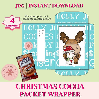 Christmas cocoa packet wrapper with moose design and hot chocolate package on a light green background