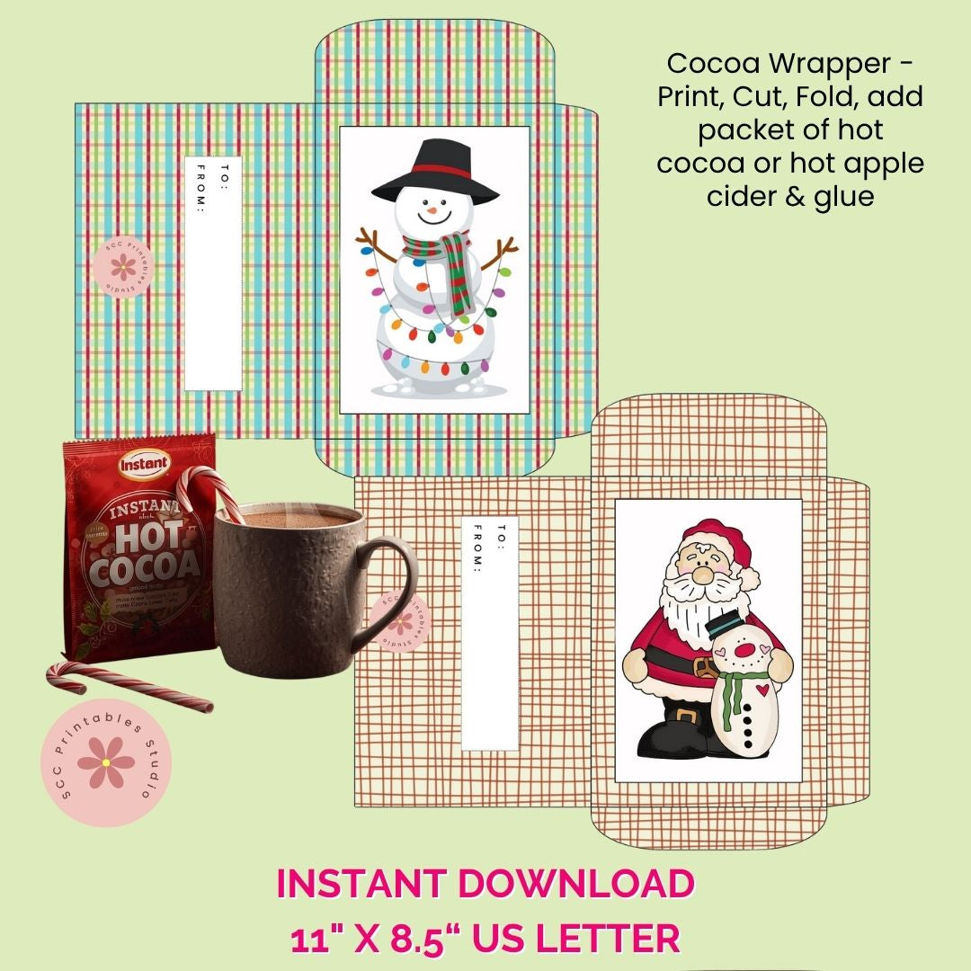 Cocoa wrapper with snowman design, hot cocoa packet, and mug on a light green background