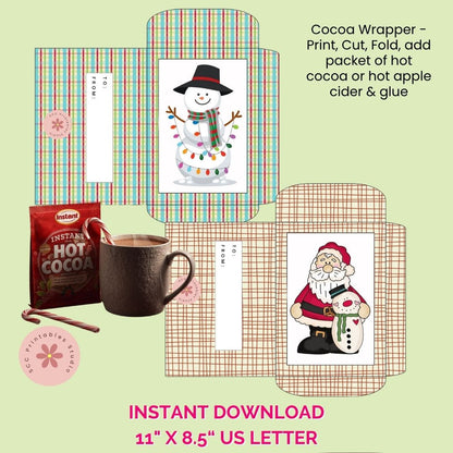 Cocoa wrapper with snowman design, hot cocoa packet, and mug on a light green background