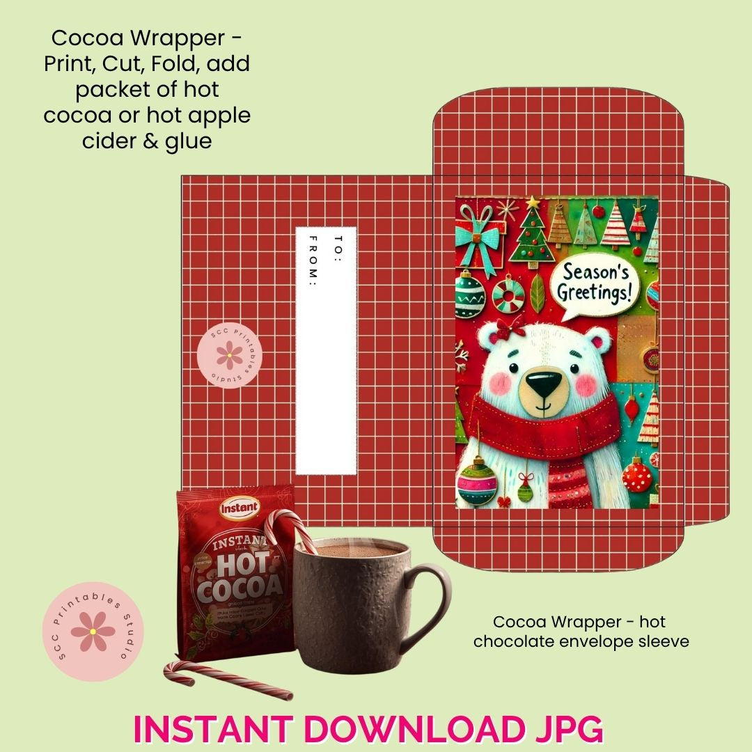 Cocoa wrapper with bear design, hot cocoa packet, and mug on a light green background
