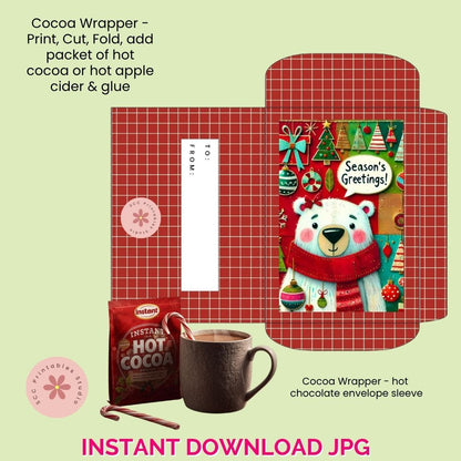 Cocoa wrapper with bear design, hot cocoa packet, and mug on a light green background