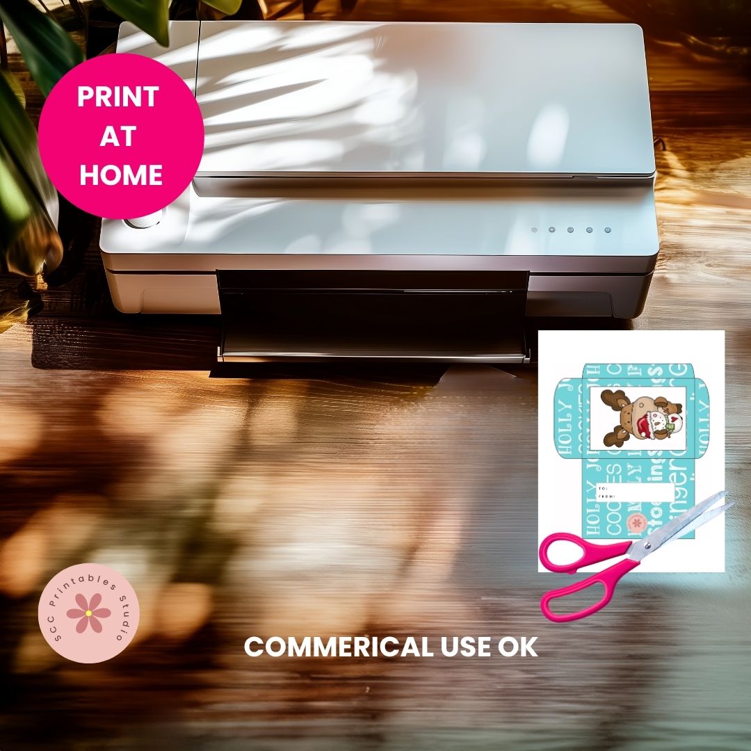 Printer on a wooden surface with a printed sheet and scissors, featuring 'Print at Home' and 'Commercial Use OK' text.