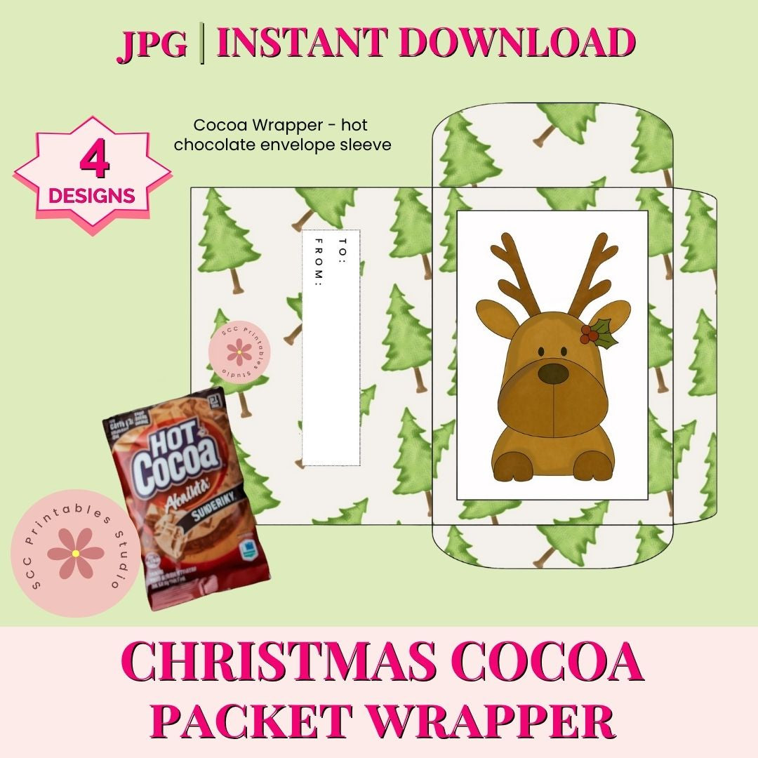 Christmas cocoa packet wrapper with reindeer design on a green background
