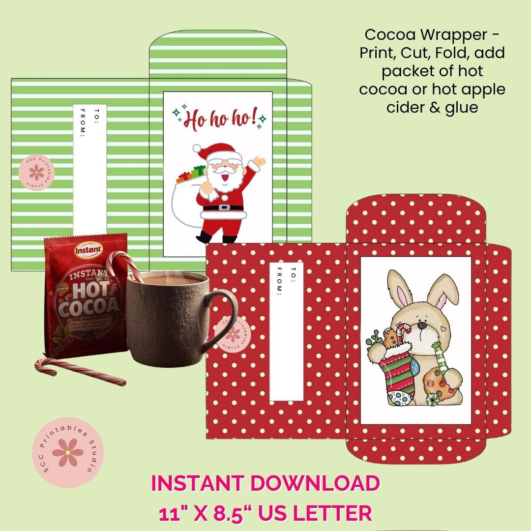 Cocoa wrapper with Santa Claus design and hot cocoa packet on a light green background
