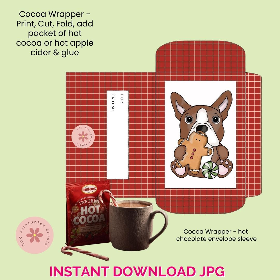 Cocoa wrapper with a dog holding a gingerbread man, hot cocoa packet, and mug on a light green background.