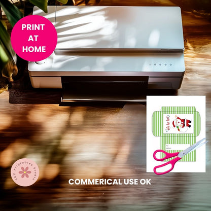 Printer on a wooden surface with a printed sheet featuring scissors and a green border.