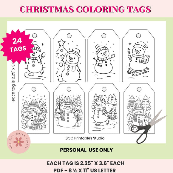 Christmas coloring tags with snowmen and winter scenes on a green background