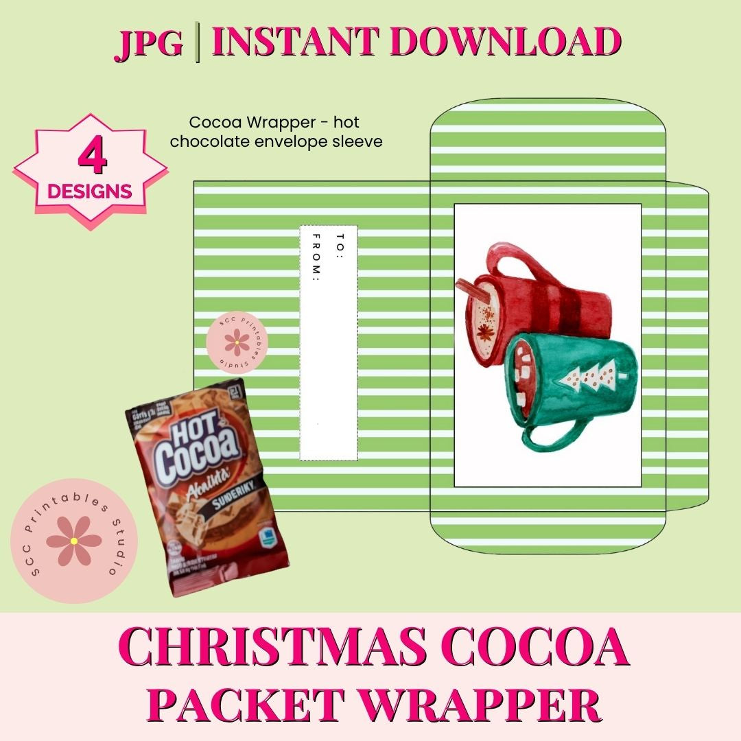 Christmas cocoa packet wrapper design with hot chocolate package and mugs on a light green background