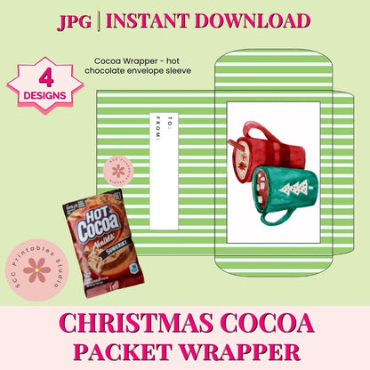 Christmas cocoa packet wrapper design with hot chocolate package and mugs on a light green background