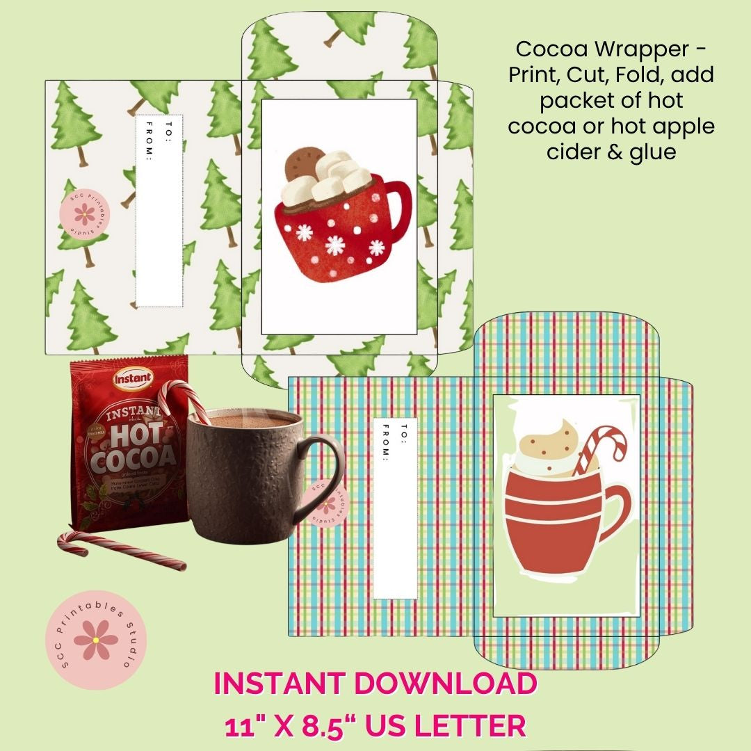 Cocoa wrapper design with hot cocoa cup illustration on a light green background