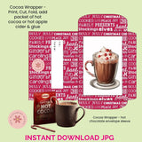 Cocoa wrapper design with hot chocolate and text on a light green background