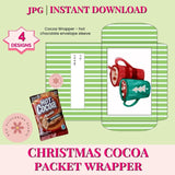 Christmas cocoa packet wrapper design with hot chocolate package and mugs on a light green background