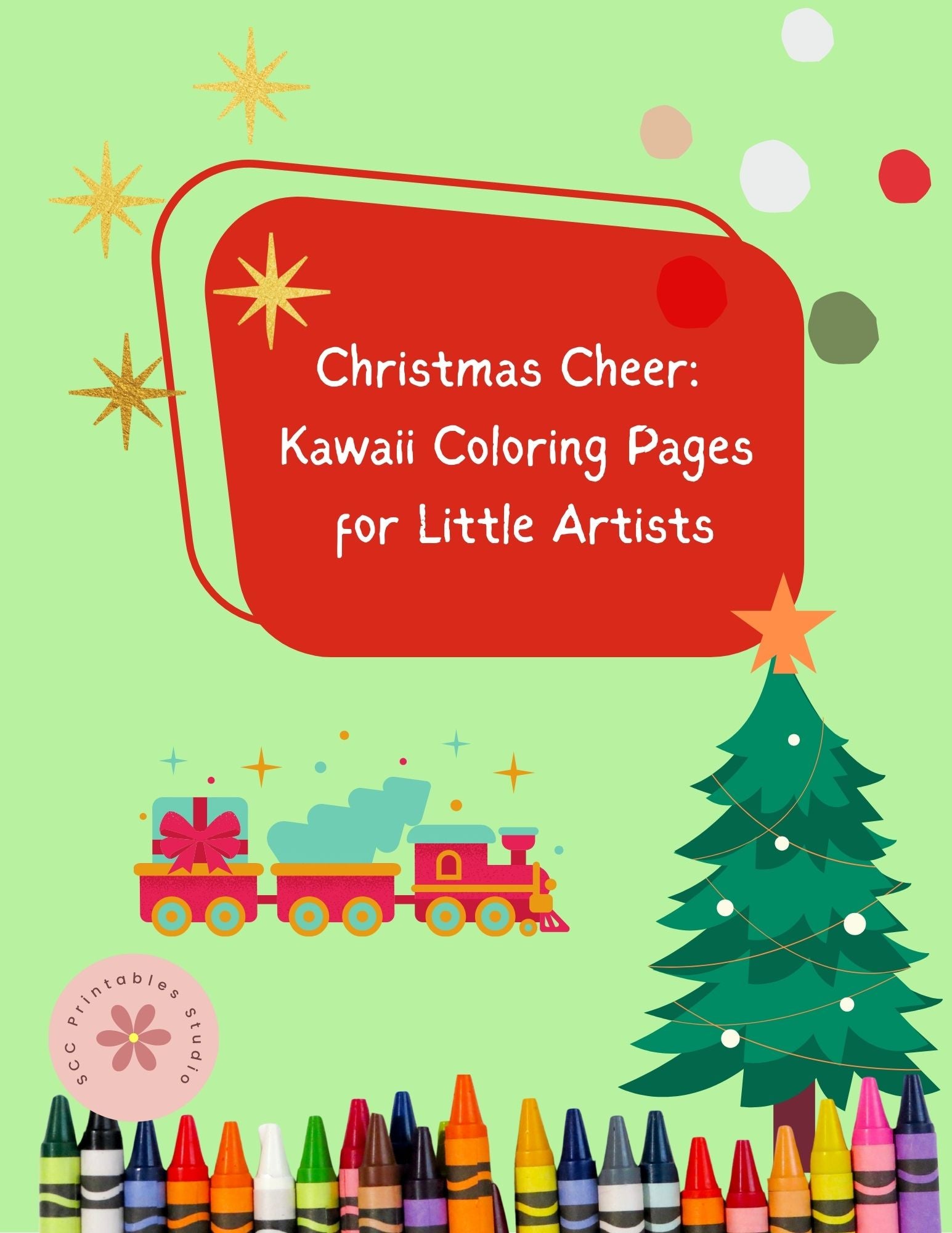 Coloring book cover with Christmas theme, train, tree, and crayons on a green background.