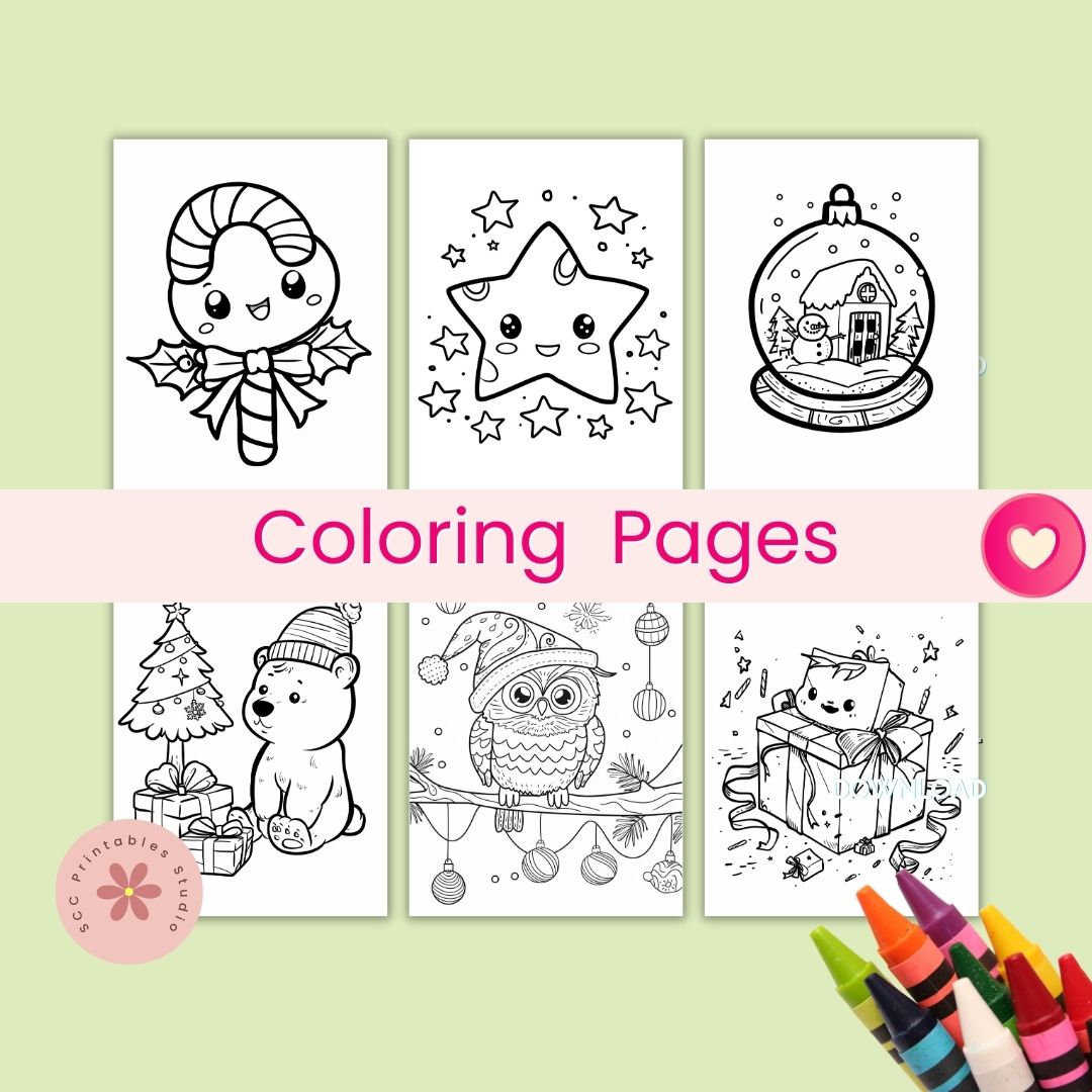 Set of Christmas-themed coloring pages with crayons on a light green background