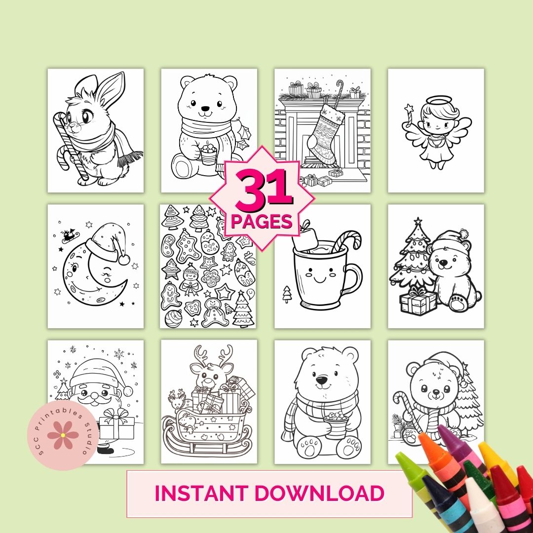 Collection of Christmas-themed coloring pages with crayons on a light green background